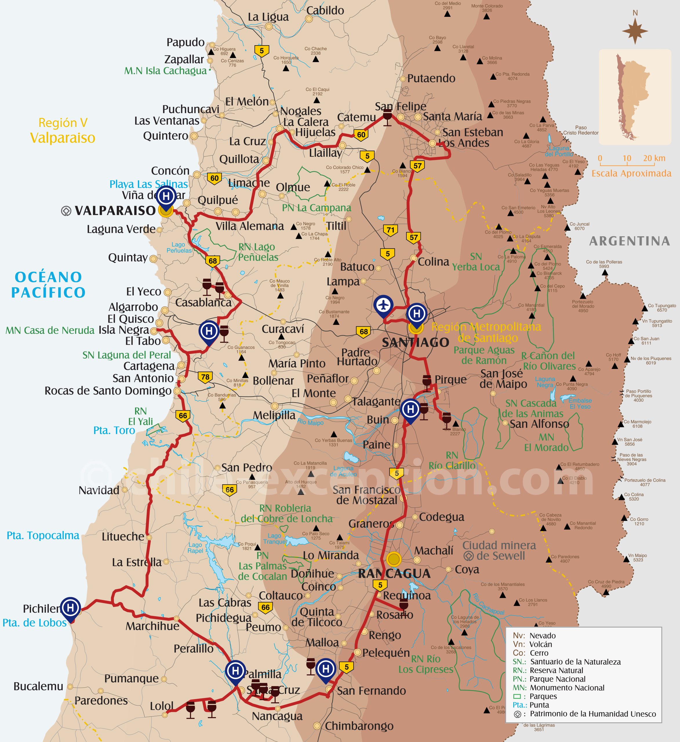 Carte de la route des caves du Chili
