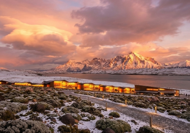 Vue sur l'hôtel Auralta, Patagonie, Chili